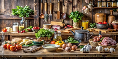 Rustic kitchen setting with ingredients for a keto diet cooking , keto, diet, rustic, kitchen, cooking, healthy, organic, low carb, high fat, ingredients, recipe, meal prep, wooden, table