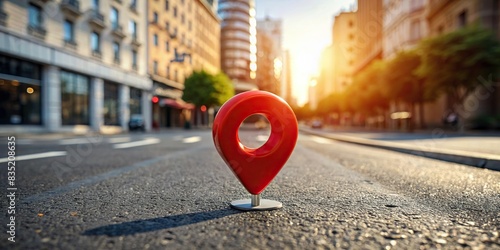 Red pin in center of street with no people, navigation, location, direction, urban, city, travel, transportation, marker, destination, road, symbol, urban, cityscape, urban planning, concept