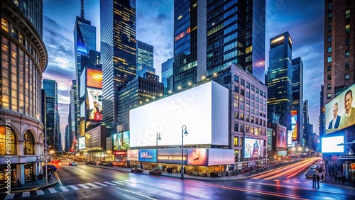 Night cityscape with a wide landscape horizontal square blank billboard in Times Square, New York City , blank, billboard, mock up, night, city, New York, Times Square, advertising