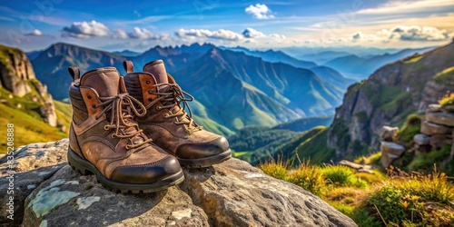 Traveler's hiking boots resting on mountain edge , adventure, travel, hiking, hiking boots, mountain, edge, nature, outdoor, exploration, journey, exploration, footwear, rocky, trekking