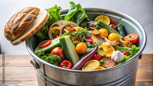 Fresh food wasted in a garbage can to illustrate excessive food waste, food waste, wasted food, excess, thrown away, garbage, food loss, spoiled, unused, unnecessary, discard, disposal