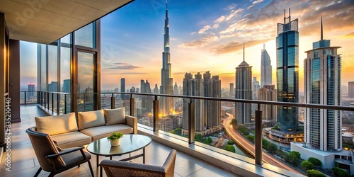 Luxurious view of Burj Khalifa from a high-end apartment balcony overlooking the city skyline , luxury, apartment, Burj Khalifa, view, skyline, city, modern, architecture, high-rise, building
