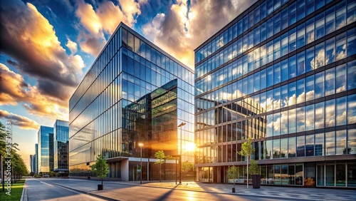 Modern office building reflecting clouds and sunlight in empty city street, high-rise, glass, architecture, business center, urban, modernity, cityscape, skyscraper, reflection