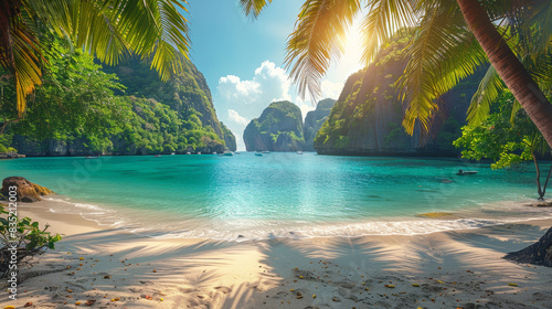 A serene tropical paradise with crystal-clear waters, lush green cliffs, and soft sandy beaches under the warm sun.