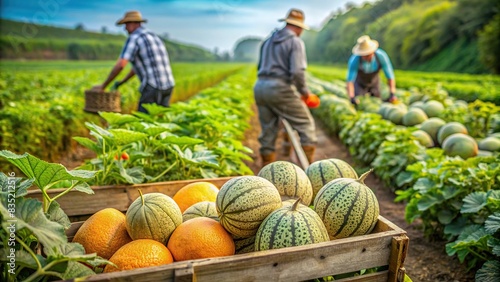 Melons being harvested in a lush plantation, fruit, agriculture, farm, harvesting, fresh, organic, field, summer, ripe, green, vine, food, growth, natural, plantation, rural, crop