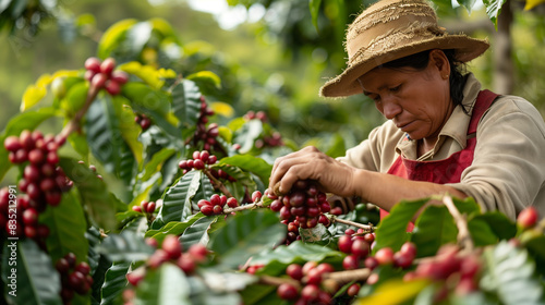 A diligent farmer carefully picks ripe coffee berries in the plantation