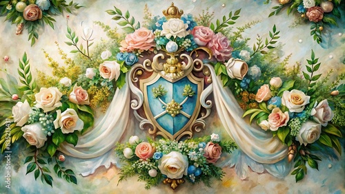 Enchanted oil painting of a watercolor wedding crest surrounded by elegant elements, oil painting, enchanted, watercolor, wedding, crest, elegant, sentiments, elements, generative AI