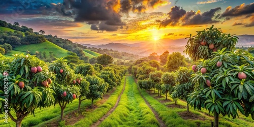 Panoramic view of a lush mango farm at sunset with tropical fruits and trees, mango farm, gardening, tree cultivation, tropical fruits, sunset, panorama, agriculture, orchard, ripe, harvest
