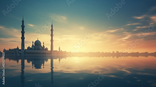 Ramadan Kareem religious background with mosque silhouettes reflected in serene sea, copy space, generative ai