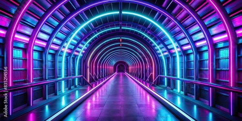 Futuristic tunnel illuminated by vibrant purple and blue neon lights, creating a sense of depth and modernity , Technology, science fiction, futuristic, tunnel, illuminated, vibrant, purple