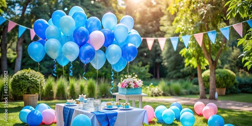 Gender reveal announcement outdoor with blue balloons and decorations for baby boy, celebrating the happy moments of parenthood at a baby shower party , gender reveal, outdoor