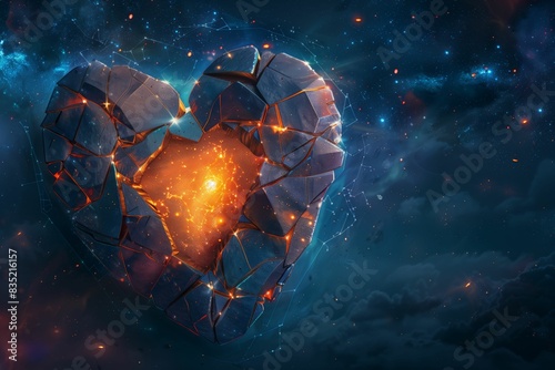 A heart-shaped rock glowing with fiery light in the center, set against a dreamy, starry night sky. Symbol of love and resilience.