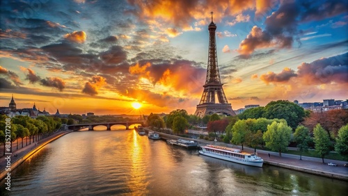 Sunset over the Eiffel Tower and river Seine , Paris, France, landmark, iconic, architecture, cityscape, tourism, romantic, evening, dusk, panoramic, travel destination, famous, skyline