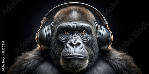 Portrait of a gorilla wearing headphones against a black background, gorilla, headphones, music, animal, ape, wildlife, isolated, black background, portrait, close-up, studio, zoo, primate