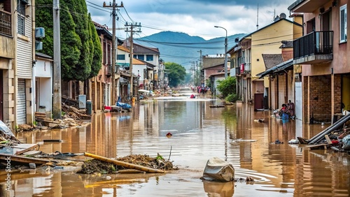 Flooded street with debris, damaged buildings, and standing water , disaster, flood, aftermath, recovery, street, damage, destruction, urban, natural disaster, crisis, emergency, water