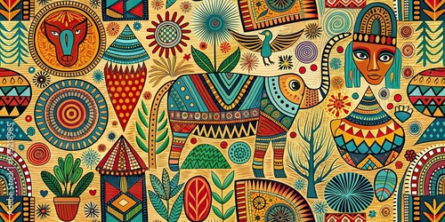 Colorful African abstract art shapes on pastel background with tribal doodle decoration and animal print textures, African, abstract, shapes, pastel background, tribal, doodle