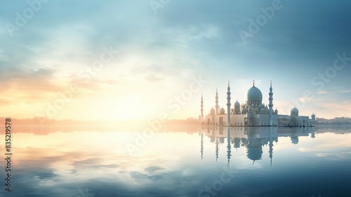 Ramadan Kareem religious background with mosque silhouettes reflected in serene sea, copy space, generative ai