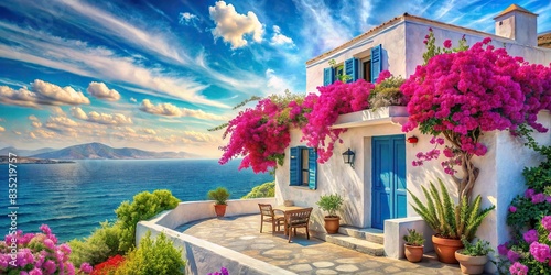 Watercolor painting of a beautiful Greek house with a Seaview, bougainvillea, and blue sky , Greece, house, watercolor, painting, white building, Seaview, alley, door, window