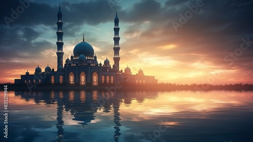 Ramadan Kareem religious background with mosque silhouettes reflected in serene sea, copy space, generative ai
