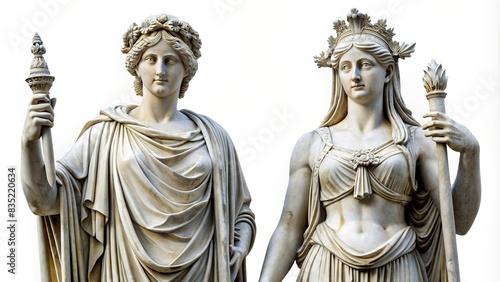 outline of ancient Greek statues of a goddess and a nymph isolated on white background, ancient, Greek, aesthetics, statues, goddess, nymph,outline, antique, sculptures, man, woman, bodies