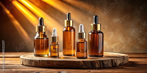 Bottles of cosmetic serum on wooden platform with glass vials and amber packaging in sunlight on brown background, cosmetic, serum, bottles, wooden, platform, glass vials, dropper lid