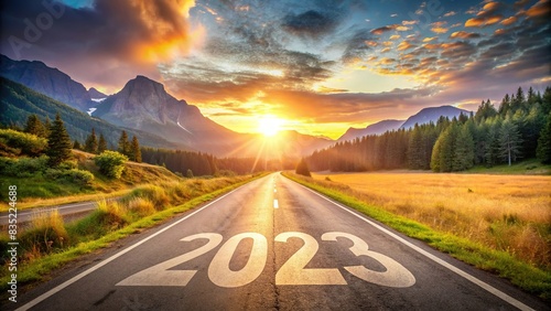 Concept of the year 2023 written on the road with a sunset mountain backdrop , planning, challenges, new year, road, asphalt, sunset, mountain, concept, future, beginning, adventure