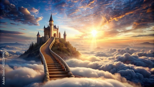 Staircase leading up to a beautiful heavenly castle in the sky , paradise, cloudscape, pearly gates, heaven, staircase, castle, sky, ethereal, tranquil, majestic, serene, dreamy, celestial