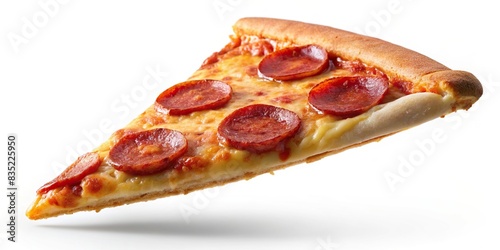 Delicious slice of pepperoni pizza in mid-air on white background, pizza, pepperoni, slice, delicious, tasty, flying, motion, white background, Italian, fast food, snack, cheese, tomato sauce