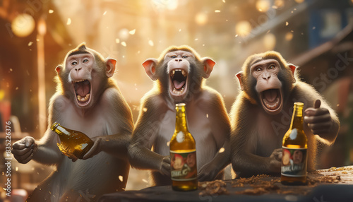 Three monkeys are sitting at a table with bottles of beer and a bowl of food