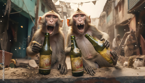 Three monkeys are sitting at a table with bottles of beer and a bowl of food