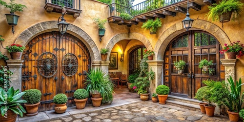 Rustic colonial-style Mexican hacienda with elegant wooden doors, arched portals, decorative ironwork, and patio adorned with pots and vegetation, hacienda, Mexican, colonial, rustic