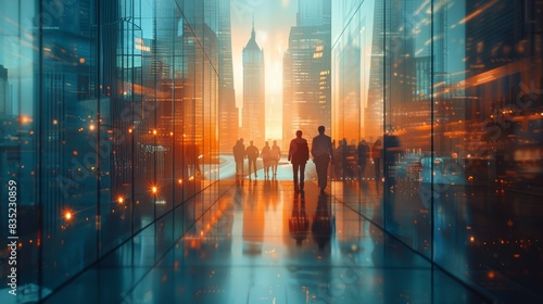 Silhouettes of people walking on a city street, with a glowing sunset in the background. The reflections of the city lights create a vibrant and dynamic scene.