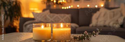 Two lit candles on table with blurred living room background, warm and cozy atmosphere with string lights banner. Panoramic web header. Wide screen wallpaper