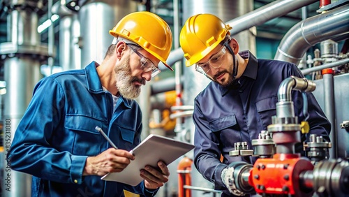 Two engineers conducting inspection on industrial equipment, inspection, engineers, maintenance, operational integrity, safety, thorough, equipment, machinery, industrial, production