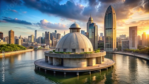 Sky city with floating concrete building and dome , sky, city, floating, concrete, building, dome, dimension, futuristic, world, architecture, urban, structure, skyline, modern