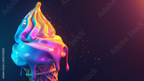 Colorful melting ice cream cone with neon lights, dark background. Dessert and creativity concept