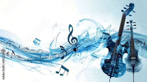 Blue flowing music notes with a cello.