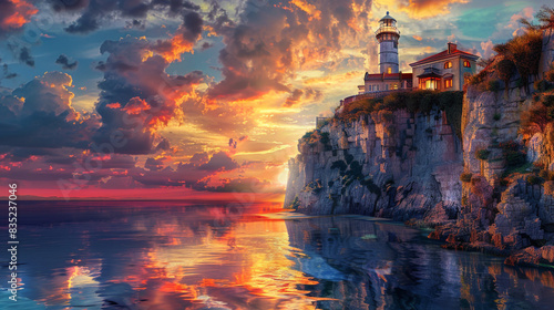 A picturesque scene of a lighthouse on a cliff, with the sea below reflecting the colors of a dramatic sunset.