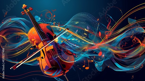 An illustration of a violin with a bow. The violin is orange and the background is dark blue with colorful abstract waves.