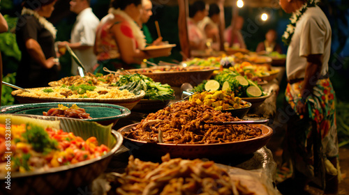 Um tradicional banquete de luau havaiano, com mesas repletas de porco kalua, poi, salmão lomi lomi e outros deliciosos pratos da ilha.