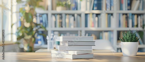  White table with books and stationery in blurred study room 