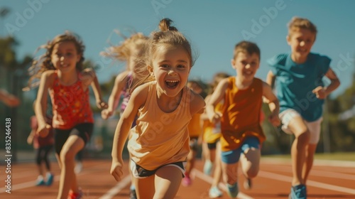 Group of happy children running together on a track, great for sports and fitness illustrations