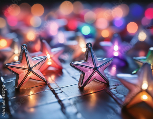 christmas star and lights.Christmas stars on a dark background. Colorful display of glowing lamps with bokeh effect