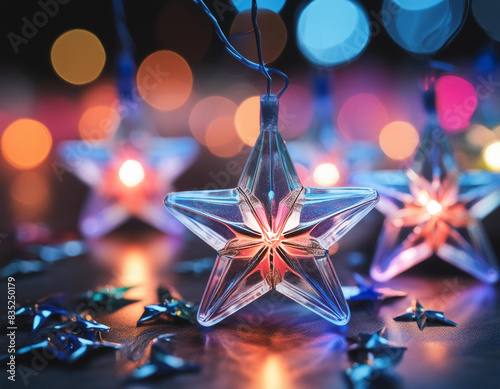 christmas star and lights.Christmas stars on a dark background. Colorful display of glowing lamps with bokeh effect