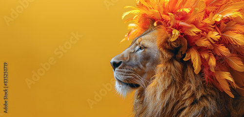A majestic lion with a carnival feathered headdress, on a pastel yellow background, photo realistic, copy space wild life background banner 