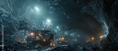  Underground perspective of mining operations with heavy machinery and dynamic lighting