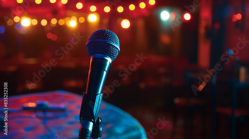 Microfone no palco de um clube de comédia, esperando a apresentação do próximo comediante stand-up.