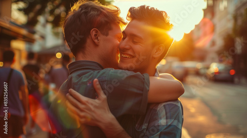 Two caucasian european men embrace during golden hour at pride. Laughing and smiling during a pride celebration party with friends in the city. Authentic image of queer millenials at pride month.