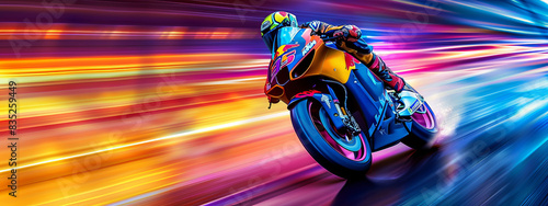 Male motorcyclist speeding on a red sportbike. Fast ride on a racing bike. Concept of motorsport, speed, adrenaline, dynamic movement. Banner. Copy space