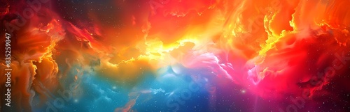 Vibrant cosmic nebula explosion in outer space. Colorful interstellar clouds. Concept of astronomy, space exploration, cosmic phenomenon, abstract art. Banner. Copy space. Vibrant Heaven